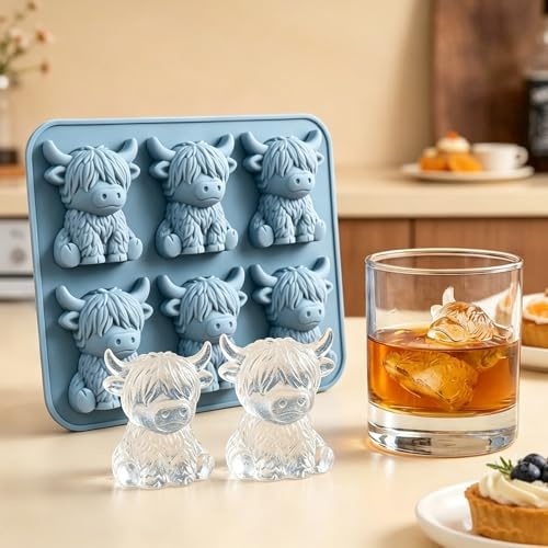 Mini Highland Cow Ice Cube Tray, 6-Grids Silicone Ice Cube Molds for Freezer, Cute Highland Cow Icecube Mold for Whisky, Cocktails, Coffee, Drinks