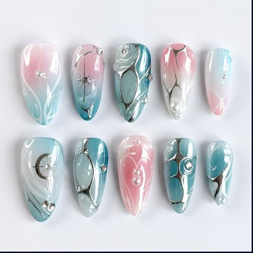 3D Metallic Pearl Glitter Nails - 24PCS Almond Shape Press On False Nails With Glossy Design, Silver Pattern & Application Tools For Summer Parties & Events, Reusable Detachable Tips In Soft