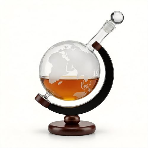 Lantelme Cognac Glas Whiskykaraffe mit Weltkugel | Karaffe 800ml eingravierter Globus | Whisky Rum Gin Dekanter Geschenkidee Männer