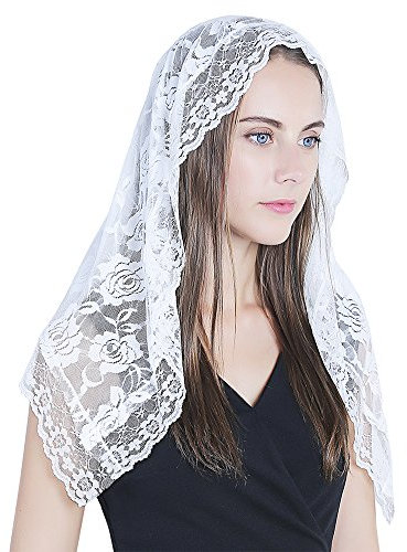 Mantilla de encaje con velo católico, velo de iglesia, capilla, velo para cubrir la cabeza de la misa latina, Blanco, M