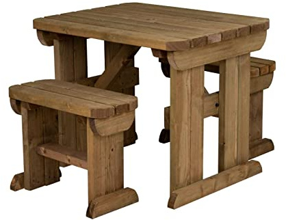Arbor Garden Solutions 4 Seat Wooden picnic table and benches set, Yews compact rounded patio furniture (4ft, Rustic Brown)