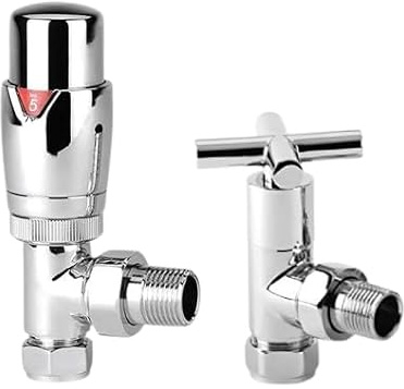 Dallas Chrome Angled Thermostatic Radiator & Towel Rail Valve TRV 1/2-15mm | Designer, Central Heating Valve, TRV & Lock shield Set