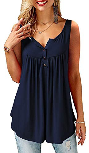Amoretu T-Shirt Damen V-Ausschnitt Knopfleiste Bluse Solide Tunika Sommer Tops, XXL, C-marineblau