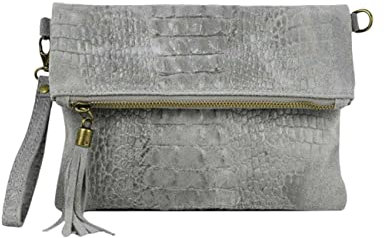 OBC Made in Italy Damen echt Leder Clutch Tasche Kroko Wildleder Handtasche Umhängetasche Ledertasche Schultertasche Fransen Cross-Over Hellgrau