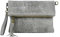 OBC Made in Italy Damen echt Leder Clutch Tasche Kroko Wildleder Handtasche Umhängetasche Ledertasche Schultertasche Fransen Cross-Over Hellgrau