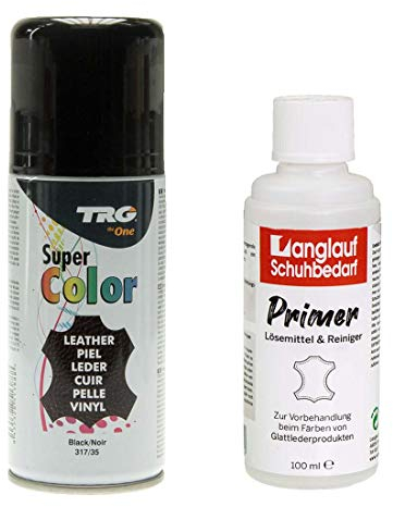 TRG Lederfarbspray 150ml Lederfarbe + Primer & Lederreiniger 100ml für Glattleder | Spray für Schuhe, Kunstleder & Stoffe, starke Deckkraft, viele Farben inkl. Metallic (schwarz 317/35)