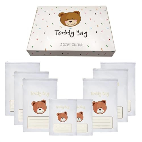 Teddy Bag 8 Bustine Corredino Neonato 100% Made In Italy Sacchetti Cambio Bimbo Borsone Nascita per Future Mamme Borsa Parto Ospedale Lista Nascita Bebè Regalo Neonati Maschio e Femmina