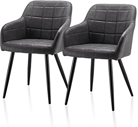 TUKAILAI Esszimmerstühle Set mit Kunstleder, Küchenstuhl Armlehnstuhl Polsterstuhl Wohnzimmerstuhl Sessel mit Armlehne, Rückenlehne, Metallbeine,für Küche, Schlafzimmer (Kunstleder×2, Dunkelgrau)