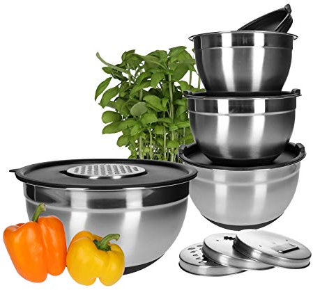 TP Schüssel-Set aus Edelstahl, 13-teilig, stapelbare Rührschüsseln mit Deckel, Anti-Rutsch Boden, Skala, inkl. praktisches Zubehör, Spritz-Schutz für Teig, Gemüse-Hobel zum Reiben von Salat