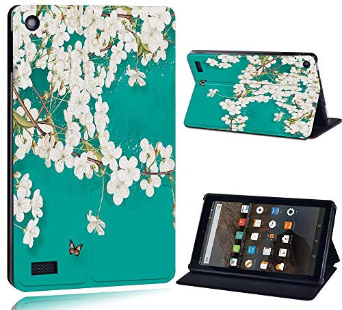 FINDING CASE For Amazon Fire 7 (5th 7th 9th Generation) Tablet - Printed PU Flip Leather Smart Lightweight Shell Stand Cover Case for Fire 7 (5th 7th 9th Generation) (white floral paint)