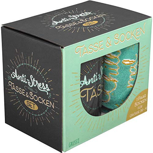 GRUSS & CO Geschenkset Anti Stress | Set enthält 1 Tasse und 1 Paar Damensocken in Größe 39-41, Geschenkbox | Geschenk für Sie, Weihnachten, Geburtstag | 47006