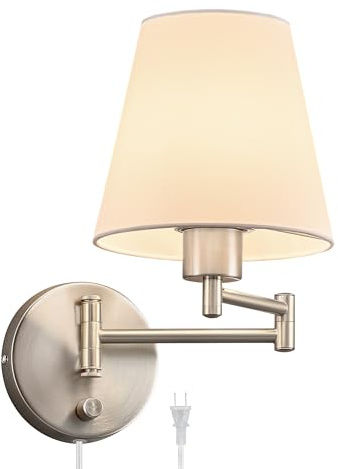VONLUCE Modern Adjustable Swing Arm Wall Lamp Brushed Nickel, Plug-in Wall Sconce Lighting for Bedroom Bedside, Living Room, Kitchen, Hallway, Wall Mounted Light Fixtures with White Fabric Shade