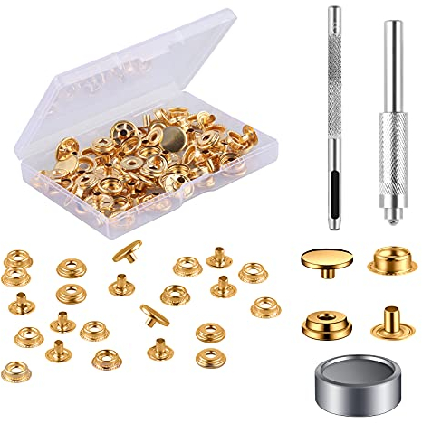 MSDADA Druckknöpfe und Werkzeug Kupfer Druckknöpfe Φ15mm, 25 Sets Golden Kleidung Druckknopf mit Befestigungswerkzeug für Lederhandwerksjacke Handtasche