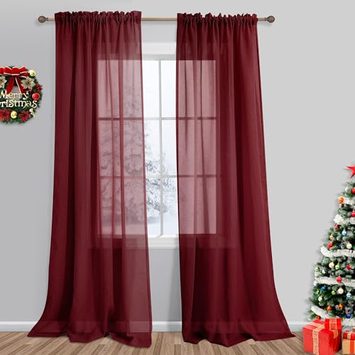 KOUFALL Vorhänge für Wohnzimmer, 244 cm lang, 2-teiliges Set, Leinen, halbprivat, lichtfilternd, durchsichtige Vorhänge für Schlafzimmer, 244 cm lang, Weinrot