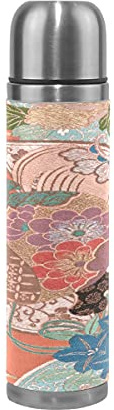 Streak Embroidery Pattern Japanese-Style Water Bottle Stainless Steel Insulated Vacuum Flask Leak Proof Leather Packing (500ML 13.7OZ)