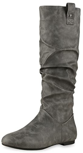 VAN HILL Damen Schlupfstiefel Warm Gefütterte Stiefel Nieten Wildleder-Optik Schuhe Flache Slouch Boots 610608 Grau 41