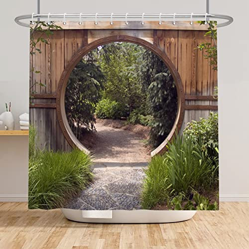 SDOTPMT Cortina de ducha redonda de 72 x 96 pulgadas, diseño de paisaje de jardín natural, puerta de madera, estilo granja, vintage, hojas de botánica verde, cortina de bañera para decoración de baño