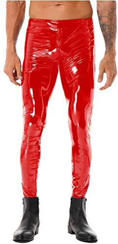 MSemis Herren Lack Leder Hose Pants Wetlook Leggings Skinny mit Reißverschluss Elastisch Lackoptik Lederhose Slim Fit Rot 4XL