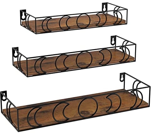 EYMPEU Wandregal 3er-Set schwebende Holzregale mit Mondphasen-Metalldekor, ideal für Küche, Bad, Büro und Wohnräume, praktische Aufbewahrung und stilvolle Dekoration, Schwarz