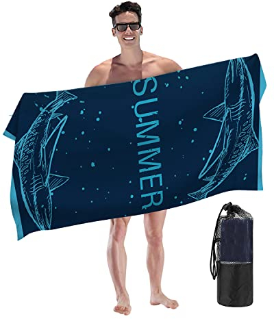 Mikrofaser Strandtuch, Sandfreie, Schnell Trocknende und Leichte Stranddecke, Badetuch Strandtuch Groß 160x80cm für Reise, Strand, Sauna(Blue Shark,80x160cm)
