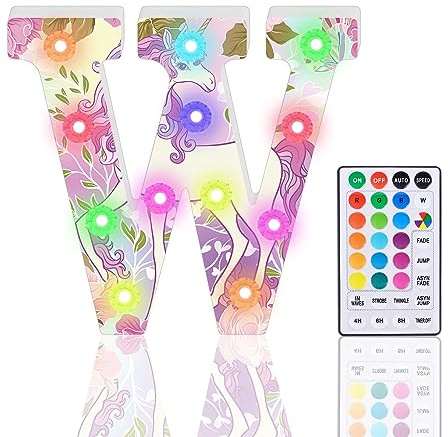 Light Up Letters, Glitter LED Letter Lights 18 Color Changing Diamond Alphabet Sign Night Light with Remote Control for Girls Gifts Birthday Bar Wedding Party Christmas Valentine Wall Table Decor - W