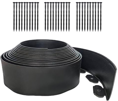 Bordure de jardin en plastique flexible avec 30 pointes pour jardin, herbe, parterres de fleurs, cour, pavé, allée, 10 m x 10 cm de haut, noir