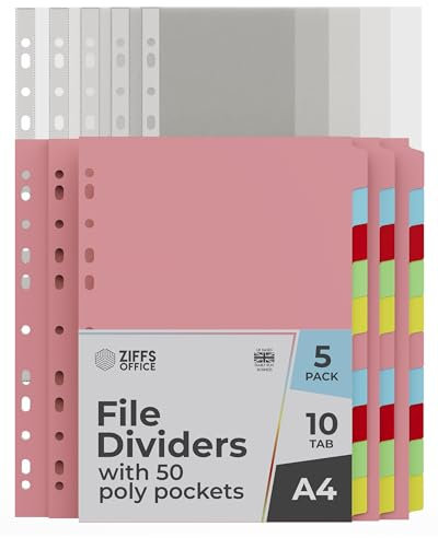 Ziffs Office® 5 Pack A4 File Dividers - 10 Part & 50 Poly Pockets - 180 GSM - Folder Dividers With 50 Pockets