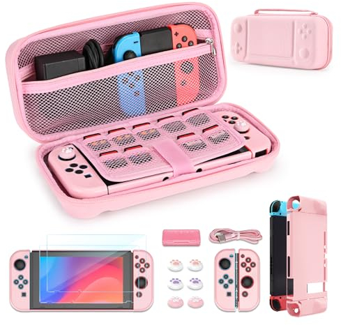 Younik 14 in 1 Bundle di Accessori per Switch, Grande Custodia per Switch 2017, Custodia da Viaggio per Switch Adatta alla Console, Impugnatura J-con, Adattatore AC (Rosa, Motivo a Bottoni)