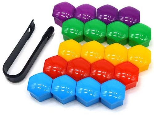 QitinDasen 20 Pieces 19 mm Car Wheel Nut Covers Set, Universal Car Hub Screw Cap, Hexagonal Tire Nut Cover with Removal Tool (Red Yellow Blue Green Purple)
