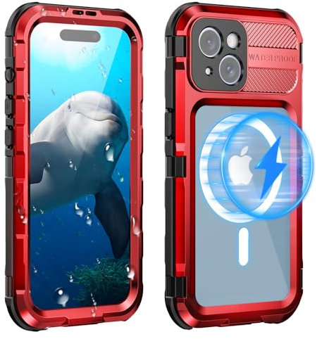 WIFORT for iPhone 15 Plus Waterproof Case, Heavy Duty Metal Cover with Built-in Screen Protector [Compatible with Magsafe], 360° Full Body Protective Shockproof Case for iPhone 15 Plus, 6.7 Red