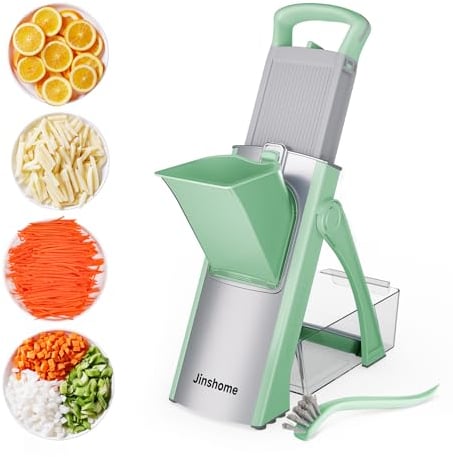 Mandoline version améliorée pour cuisine et hachoir à légumes sûr 5 en 1 et mandoline réglable. Lame amovible, peut couper les tranches, les bandes, le déchiquetage et le hachoir à légumes de cuisine