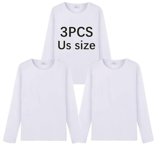 OKBA 3 PCS Sublimation Blank T-Shirts Round Collar Long Sleeves Adult White Polyester t Shirts, White