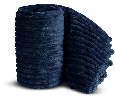 Velosso Chunky Ribbed Thick Super Soft Faux Fur Mink Ribbed Cord Blanket Bed Throwover Sofa Lounge Throw Blanket (Navy Blue, 200 x 240cms)