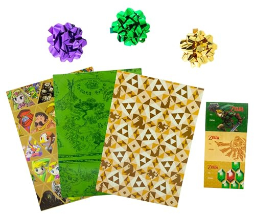 The Legend of Zelda Geschenkpapier-Set, 9-teilig, Set enthält 3 Bögen, 3 Geschenkanhänger, 3 Schleifen