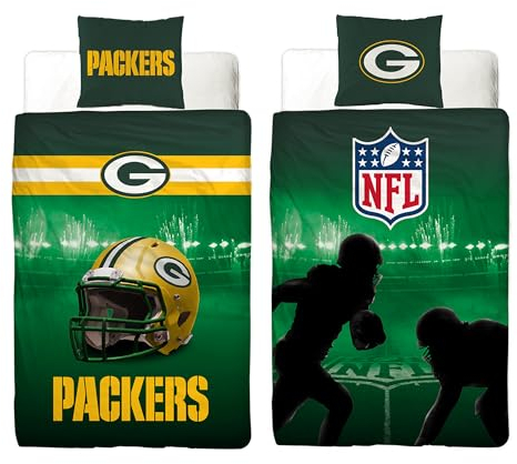 NFL Bettwäsche Green Bay Packers 135 x 200 cm + 80 x 80 cm 100% Baumwolle in Renforcé-Linon-Qualität mit Reißverschluss American Football Fan Super Bowl Cheeseheads Wende-Bezug deutsche Größe