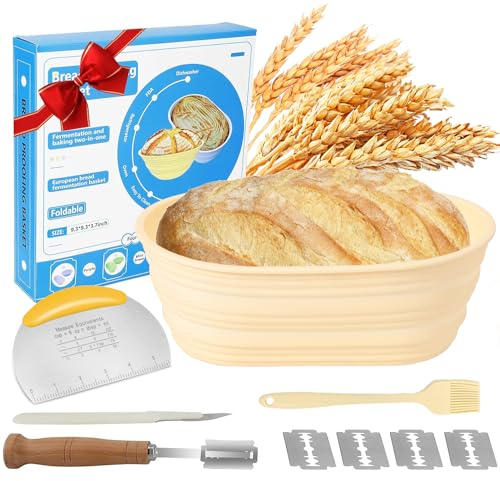 Silicone Banneton Bread Proofing Baskets, Sourdough Bread Baking Supplies, 10 Inch Oval Foldable Baking Basket, Complete Set for Bread Making With Essential Tools and Gifts