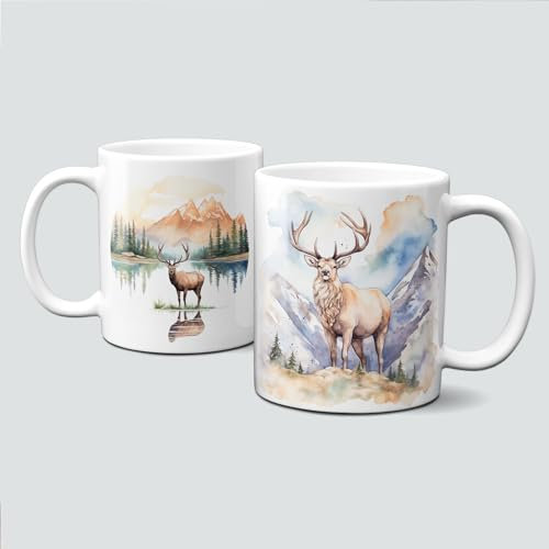 online-hut - Tasse - Kaffeebecher - Lieblingstasse - mit tollem Hirsch Motiv & Berglandschaft - LT-338