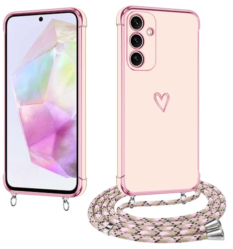 E-Lush Cover per Samsung A35 5G con Cordino, Ultra Sottile Cuore Amore Elettrolitico Cover per Samsung Galaxy A35, Morbido TPU Silicone Custodia con Regolabile Collana Antiurto Case, Oro Rosa