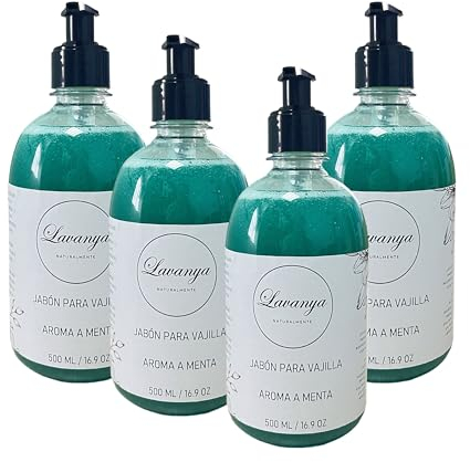 Lavanya - Lavavajillas manual. Con ingredientes naturales. Limpieza saludable. Hidrata y protege tu piel. Aroma a menta. (4, Botella de 500 mililitros)