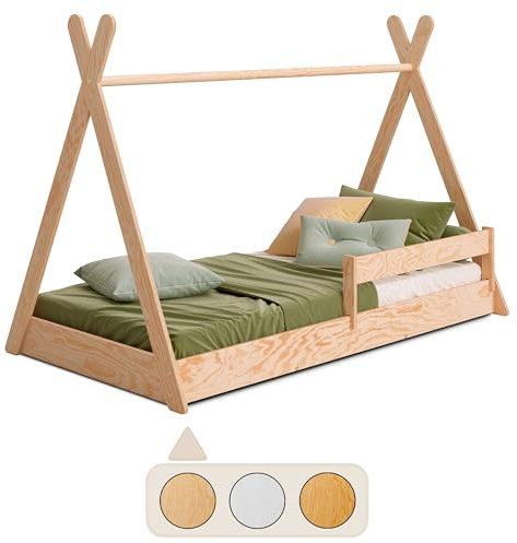 smartwood Tipi F Kinderbett 90x160 mit Lattenrost und Rausfallschutz - Montessori Hausbett für Jungen und Mädchen - Holz Bodenbett mit Rausfallschutz und Lattenrost - 160x90 - Naturholz