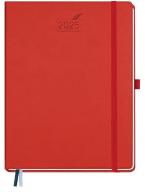 BEZEND Kalender 2025 Buchkalender ca.A4 28,5 x 21,5 cm | Terminplaner 2025 Wochenkalender 1 Woche 2 Seiten mit Monats-Register | Planer & Terminkalender A4 mit PU-Leder Hardcover - Rot