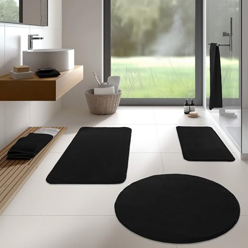 TA&MA Store Badezimmerteppich | Badezimmer Teppiche rutschfest waschbar – Hochwertige Badematte & Badteppich - Badematte als Set kombinierbar - Teppich Badezimmer Schwarz 60x100 cm