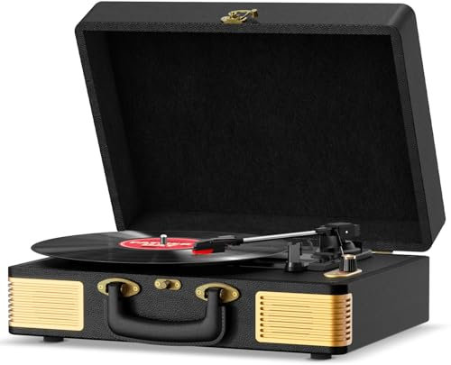 Giradischi Vinili, FYDEE Giradischi Portatile Vintage in Pelle, Giradischi Bluetooth con 3 Velocità 33/45/78 Giri, 2 Altoparlanti Incorporati, Lettore Vinile con Supporto per Cuffie, RCA, Nero