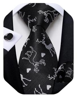 DiBanGu Mens Weihnachten Krawatte Set Lustige festliche Krawatte Gewebte Pocket Square Manschettenknöpfe Set mit Geschenkbox, Schwarz und Weiß Weihnachtsmoos