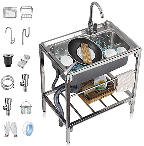 Évier de Cuisine 68 * 44cm, évier Commercial en Acier Inoxydable avec Robinet à 360° Chaud et Froid et Support de Rangement à 1 Couche pour la buanderie intérieure et extérieure.