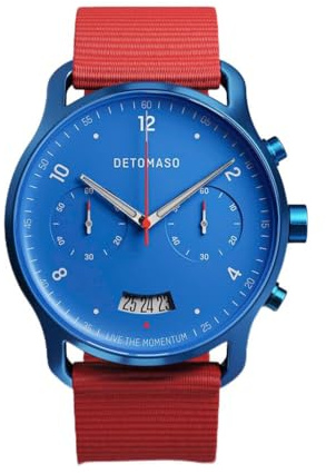 DeTomaso Herrenuhr Sorpasso Chronograph in Matte Blue - Armbanduhr an rotem Ocean Plastic-Armband - aus 316L Chirurgenstahl mit einem Quarzuhrwerk & saphirgehärtetem Mineralglas – 42 mm