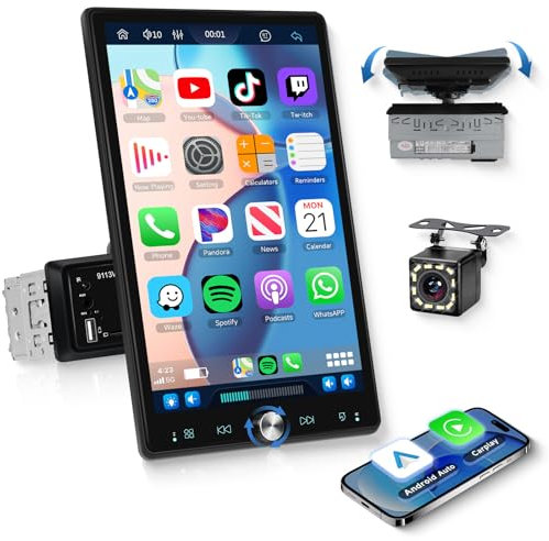 VECHTEL Radio Coche Bluetooth con Carplay Android Auto Inalámbrico, Autoradio 1 DIN con Pantalla Táctil HD IPS 10,4 Pulgadas Giratoria Soporte Bluetooth 5.2 Mirror Link Radio FM/RDS USB/TF/AUX Cámara