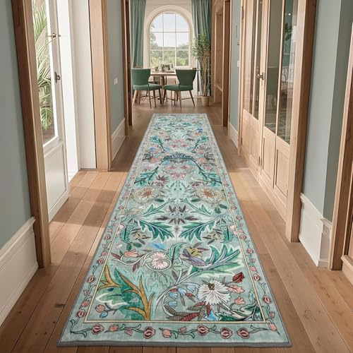 TUKDAK Runner Rug for Hallway 60×240 cm, Green Bird Washable Carpet for Kitchen with Non Slip Backing, Soft Low Pile Long Entryway Rug, Boho Animal Bedroom Floor Mat for Entrance Living Room Laundry