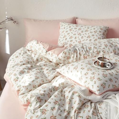 Sedefen Bettwäsche 155x220cm Rosa Weiß Blumen Blätter Wendebettwäsche Set Aesthetic Pflanzen Blümchen Floral Weich Mikrofaser ÖKO-TEX Bettbezug mit Reißverschluss und 1 Kissenbezug 80x80cm