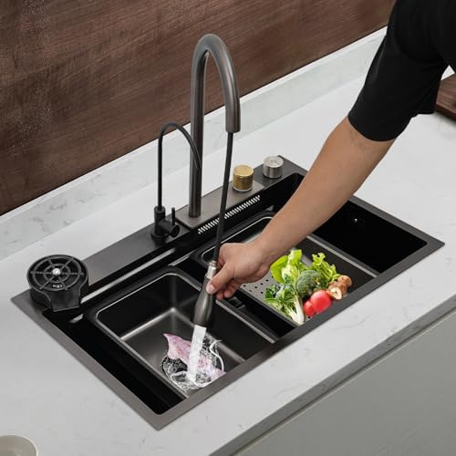 Fregadero de cocina con cascada, 80 x 45 cm, multifuncional, empotrable, de acero inoxidable, con revestimiento nano, juego de fregadero, grifo extensible para comedor (negro)